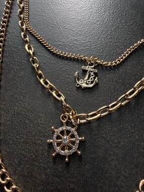 Nautical Gold Multi Chain Statement Necklace Ship Wheel Anchor